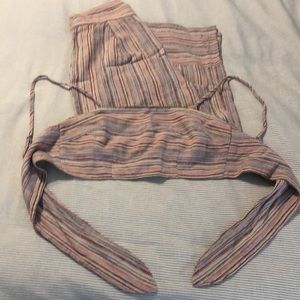 Matching crop top with wide leg stripe linen pant set - culottes